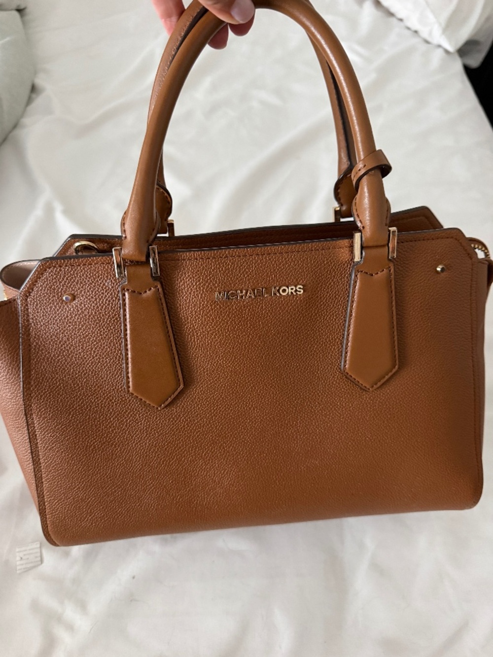 Michael Kors luggage/tan pebbled leather satchel with gold hardware